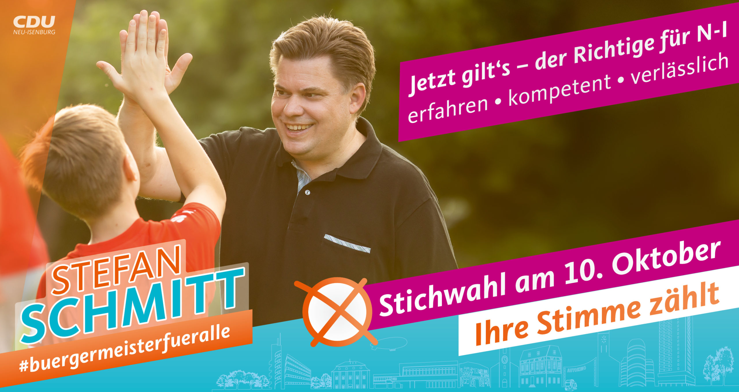 Postkarte zur Stichwahl: Jetzt gilt's - der Richtige für Neu-Isenburg - erfahren, kompetent, verlässlich, Stichwahl am 10. Oktober, Ihre Stimme zählt