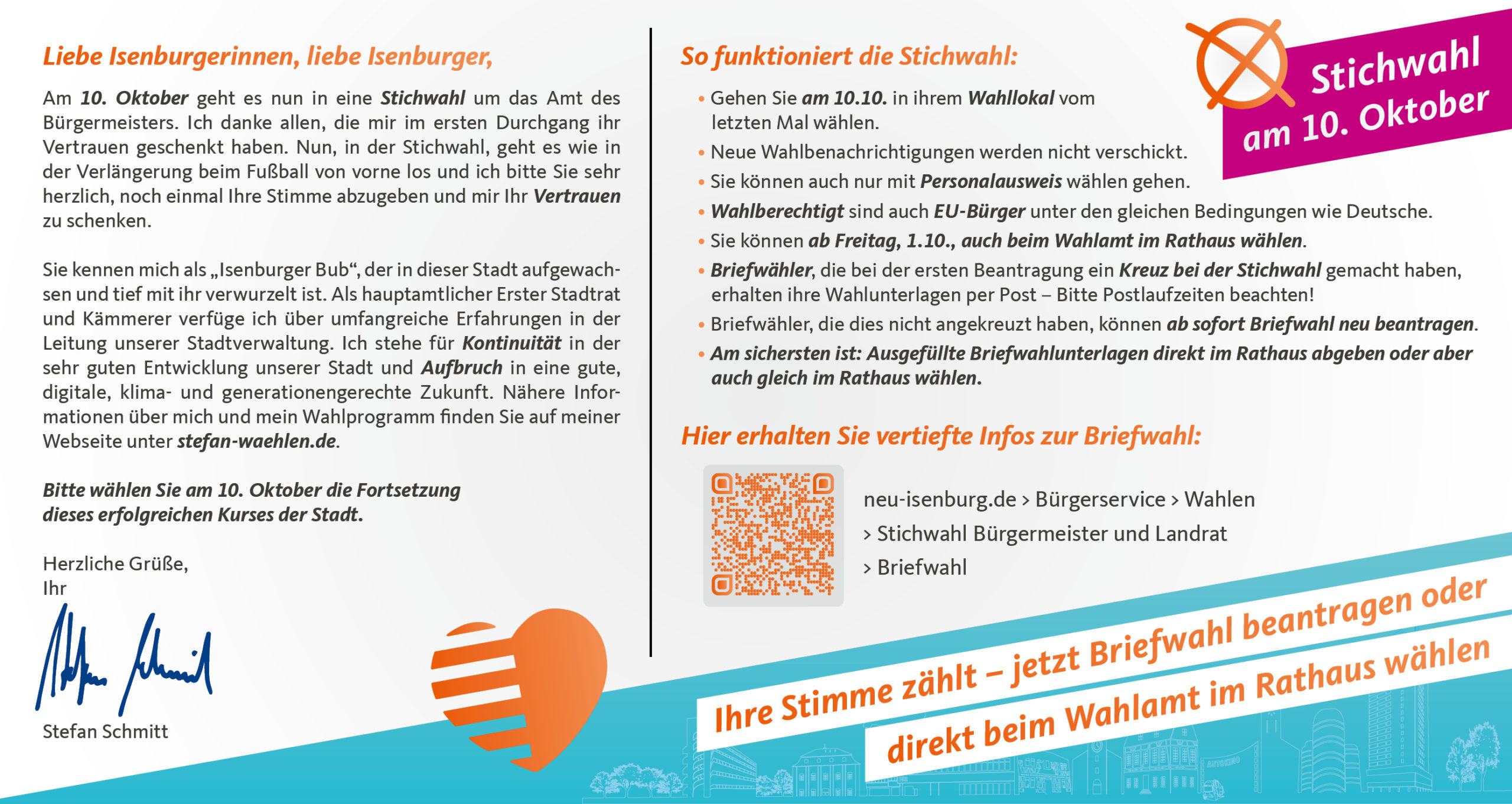 Postkarte Rückseite mit persönlichem Text von Stefan Schmitt und Erklärung zur Stichwahl